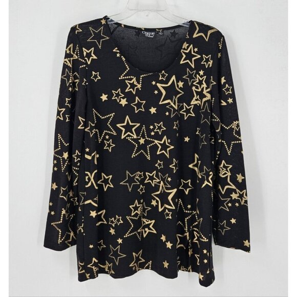 Onque Casuals Tops - Onque Causal Sz L Black w/Gold Stars Stretch Long Sleeve Pullover Tunic Top
